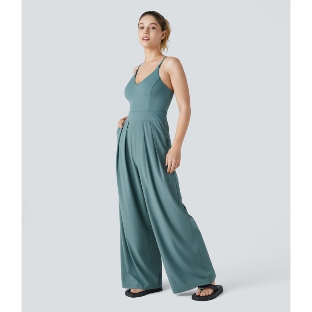 Halara Breeze Jumpsuit Size L Teal Blue Wide Leg Pockets Cross Back‎ Sleeveless - Picture 2 of 11
